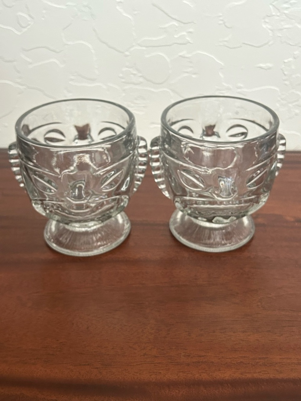 2 Vintage Tiki Hawaiian 2 Sided Clear Glass Face Mai Tai Cup Happy / Sad Face